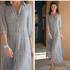 Soft Surroundings Ibiza Sheer, Embroidered Button Down Shirt Dress Size M NWOT